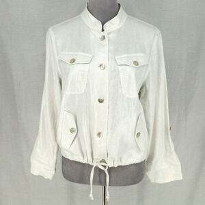 Linear Jacket Womens Medium Ivory Metallic Linen Safari Cargo Drawstring Career